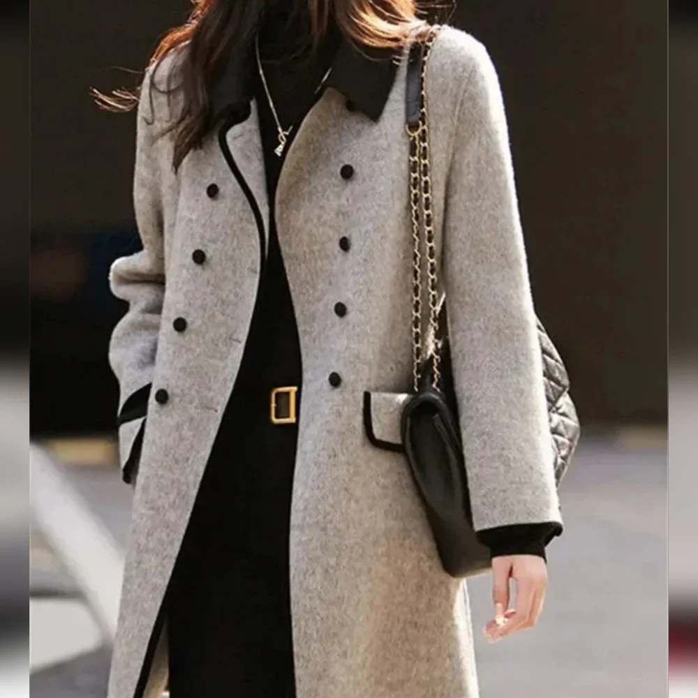 Coat Women's Autumn and Winter New Splicing Lapel Double Breasted - Picture 2 of 5